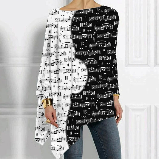 Women Piano Keys Notes Black White Printing Color Contrast Bat Sleeve T shirt